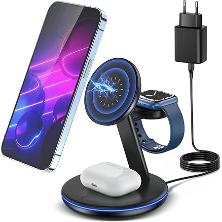 Magsafe Ladestation 3 in 1 Wireless Charger Station Kabelloses Ladestation, Ladegerät mit MagSafe für iPhone 14, 13   Apple Watch   AirPods, mit 18W QC 3.0 Adapter